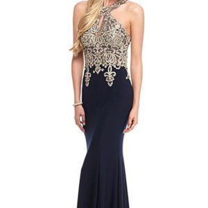 Xscape Metallic Gold / Navy Halter Gown